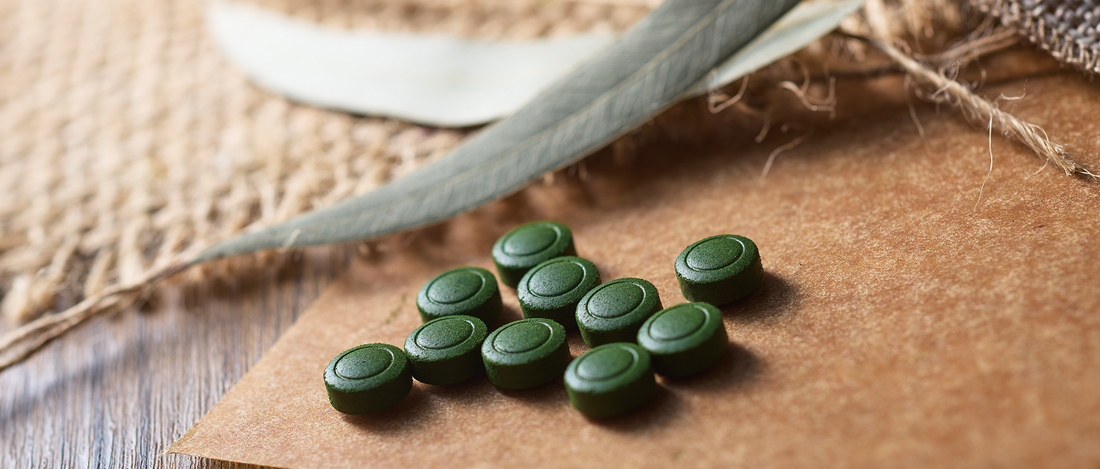 A close look at Chlorella tablets on a rustic environment